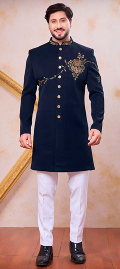 Blue color IndoWestern Dress in Imported fabric with Bugle Beads, Stone, Zardozi work