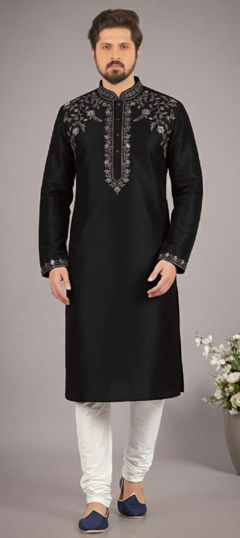 Black and Grey color Kurta Pyjamas in Dupion Silk fabric with Embroidered work