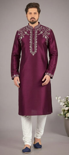 Red and Maroon color Kurta Pyjamas in Dupion Silk fabric with Embroidered work