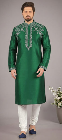 Green color Kurta Pyjamas in Dupion Silk fabric with Embroidered work