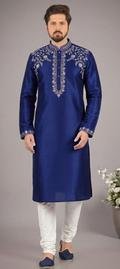 Blue color Kurta Pyjamas in Dupion Silk fabric with Embroidered work
