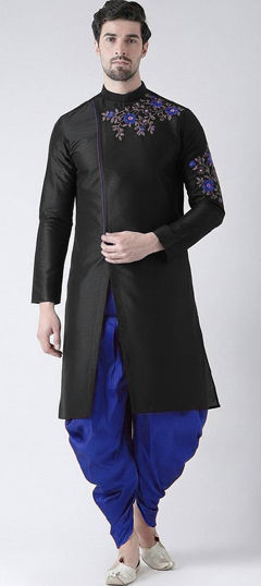 Black and Grey color Dhoti Kurta in Dupion Silk fabric with Embroidered work