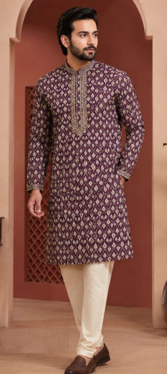 Red and Maroon color Kurta Pyjamas in Art Silk fabric with Embroidered, Printed work