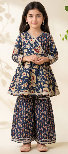 Blue color Girls Top with Bottom in Cotton fabric with Gota Patti, Printed work