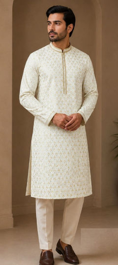 White and Off White color Kurta Pyjamas in Art Silk fabric with Printed, Thread work