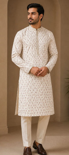 White and Off White color Kurta Pyjamas in Art Silk fabric with Printed, Thread work