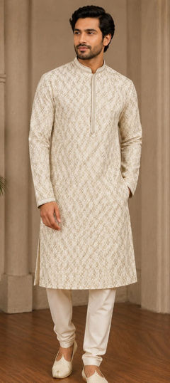White and Off White color Kurta Pyjamas in Art Silk fabric with Printed, Thread work