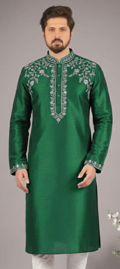 Green color Kurta in Dupion Silk fabric with Embroidered work