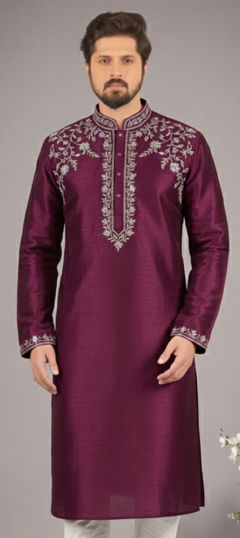 Red and Maroon color Kurta in Dupion Silk fabric with Embroidered work
