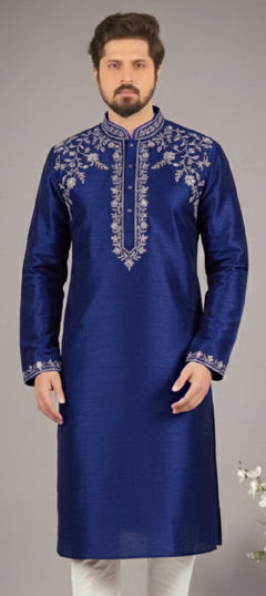 Blue color Kurta in Dupion Silk fabric with Embroidered work