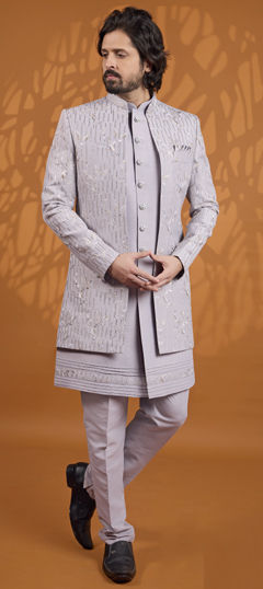 Black and Grey color IndoWestern Dress in Art Silk fabric with Embroidered work