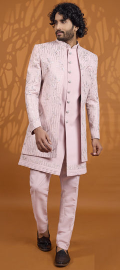 Pink and Majenta color IndoWestern Dress in Art Silk fabric with Embroidered work