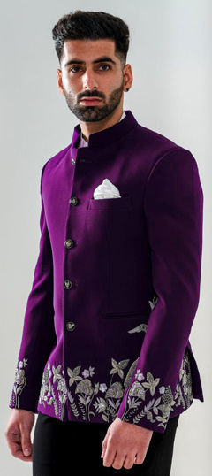 Purple and Violet color Blazer in Velvet fabric with Embroidered work