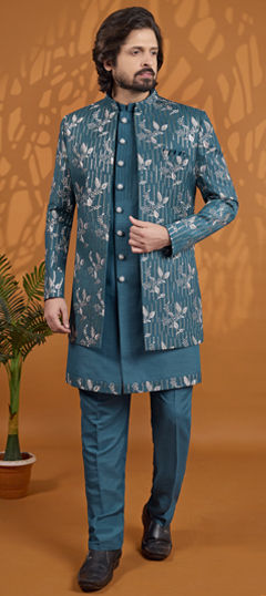 Green color IndoWestern Dress in Art Silk fabric with Embroidered work
