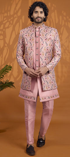 Pink and Majenta color IndoWestern Dress in Art Silk fabric with Embroidered work