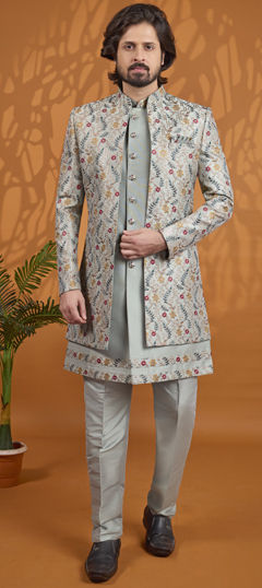 Green color IndoWestern Dress in Art Silk fabric with Embroidered work