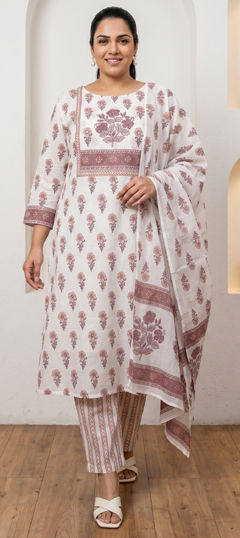 White and Off White color Salwar Kameez in Cotton fabric with Floral, Printed, Sequence work