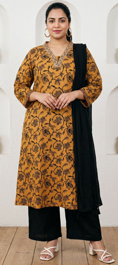 Yellow color Salwar Kameez in Cotton fabric with Embroidered, Printed work