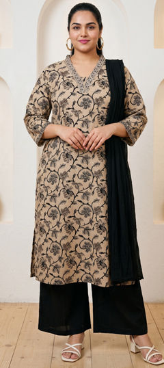 Beige and Brown color Salwar Kameez in Cotton fabric with Embroidered, Floral, Printed work