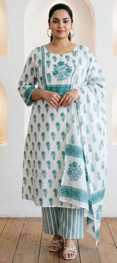 Blue, White and Off White color Salwar Kameez in Cotton fabric with Embroidered, Floral, Printed work