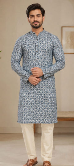 Black and Grey color Kurta Pyjamas in Art Silk fabric with Printed work