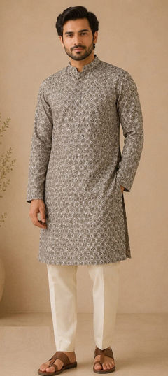 Black and Grey color Kurta Pyjamas in Art Silk fabric with Printed work