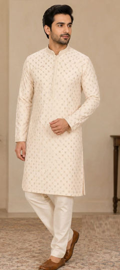 Beige and Brown color Kurta Pyjamas in Art Silk fabric with Embroidered, Thread work