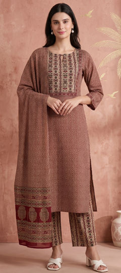 Beige and Brown color Salwar Kameez in Cotton fabric with Printed work