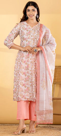Pink and Majenta color Salwar Kameez in Cotton fabric with Bugle Beads, Floral, Printed work