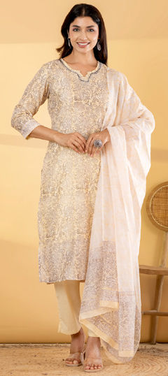 White and Off White color Salwar Kameez in Cotton fabric with Bugle Beads, Floral, Printed work