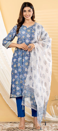 Blue color Salwar Kameez in Cotton fabric with Bugle Beads, Floral, Printed work