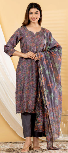 Black and Grey color Salwar Kameez in Chanderi fabric with Floral, Printed work