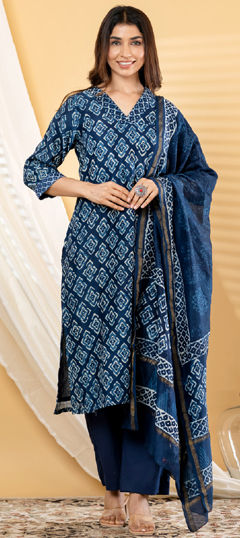 Blue color Salwar Kameez in Chanderi fabric with Bugle Beads, Printed work