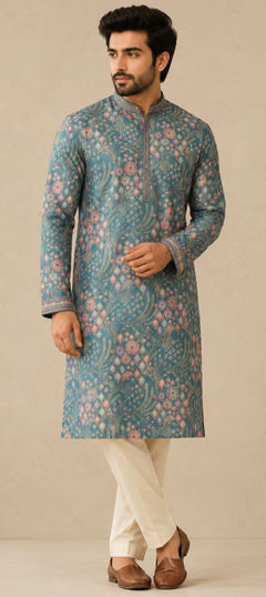 Blue color Kurta Pyjamas in Art Silk fabric with Printed work
