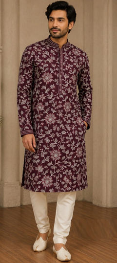 Red and Maroon color Kurta Pyjamas in Art Silk fabric with Embroidered, Sequence work
