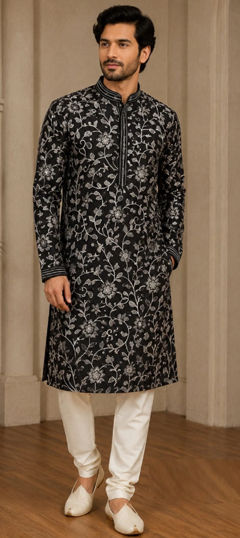 Black and Grey color Kurta Pyjamas in Art Silk fabric with Embroidered, Sequence work