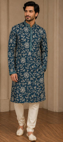 Blue color Kurta Pyjamas in Art Silk fabric with Embroidered, Sequence work