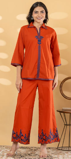 Beige and Brown color Co-ords Set in Cotton fabric with Embroidered, Resham, Thread work