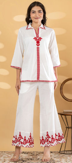 White and Off White color Co-ords Set in Cotton fabric with Embroidered, Resham, Thread work