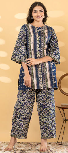 Blue color Salwar Kameez in Cotton fabric with Floral, Printed, Sequence work