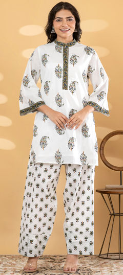 Green, White and Off White color Salwar Kameez in Cotton fabric with Floral, Printed, Sequence work