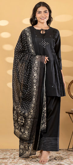 Black and Grey color Salwar Kameez in Cotton fabric with Bugle Beads, Sequence work