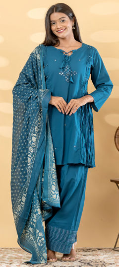 Blue color Salwar Kameez in Cotton fabric with Bugle Beads, Mirror, Sequence work