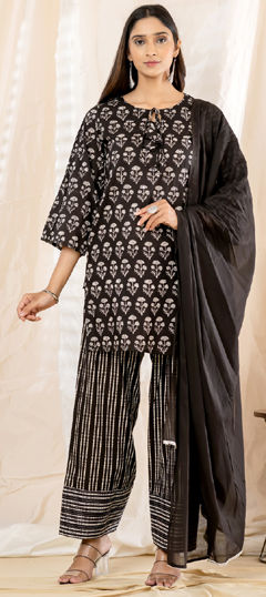 Beige and Brown color Salwar Kameez in Cotton fabric with Floral, Mirror, Printed work