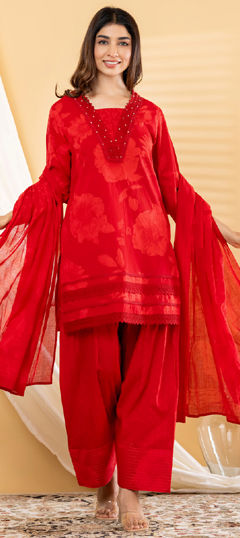 Red and Maroon color Salwar Kameez in Cotton fabric with Floral, Lace, Printed work