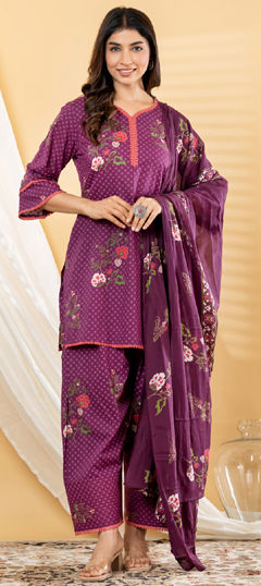 Purple and Violet color Salwar Kameez in Cotton fabric with Floral, Lace, Printed work