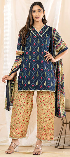 Blue color Salwar Kameez in Cotton fabric with Floral, Lace, Printed work