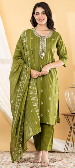 Green color Salwar Kameez in Cotton fabric with Embroidered, Mirror, Printed work