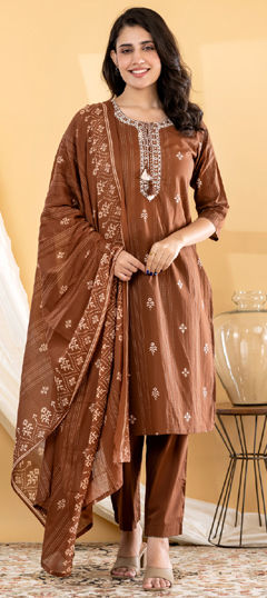 Beige and Brown color Salwar Kameez in Cotton fabric with Embroidered, Mirror, Printed work