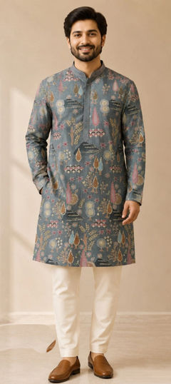 Black and Grey color Kurta Pyjamas in Art Silk fabric with Printed work